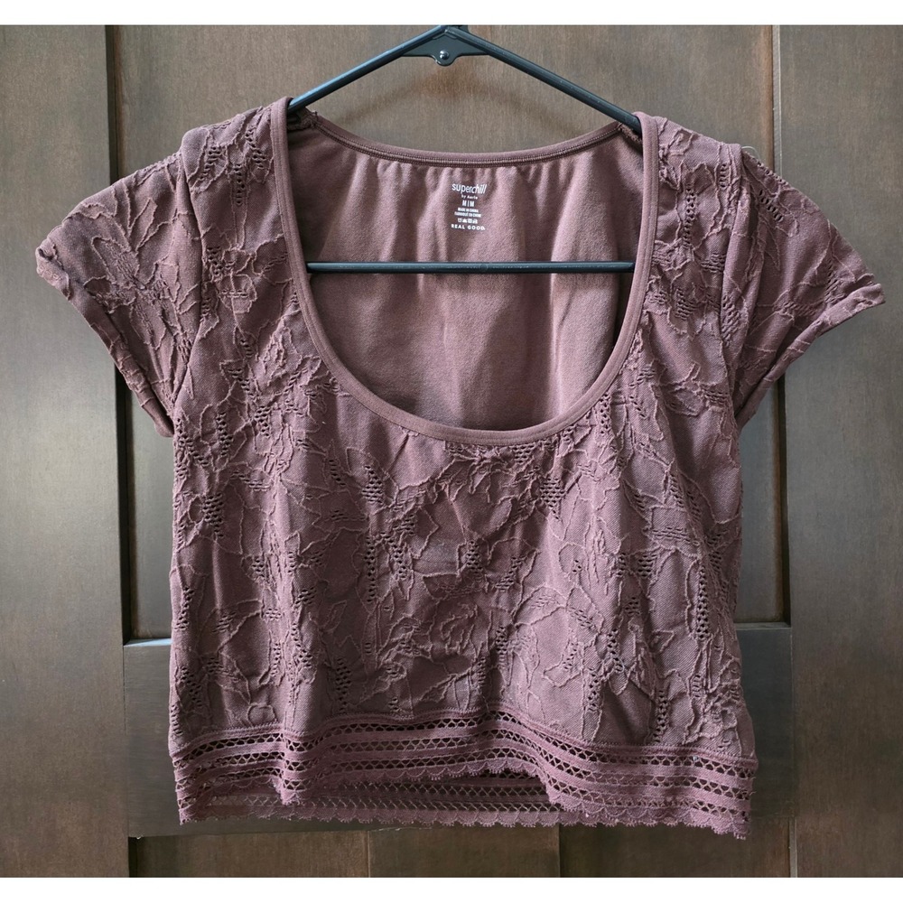 Aerie Superchill Brown Floral Lace Crop Top Scoop Neck Short Cap Sleeve Sz Med